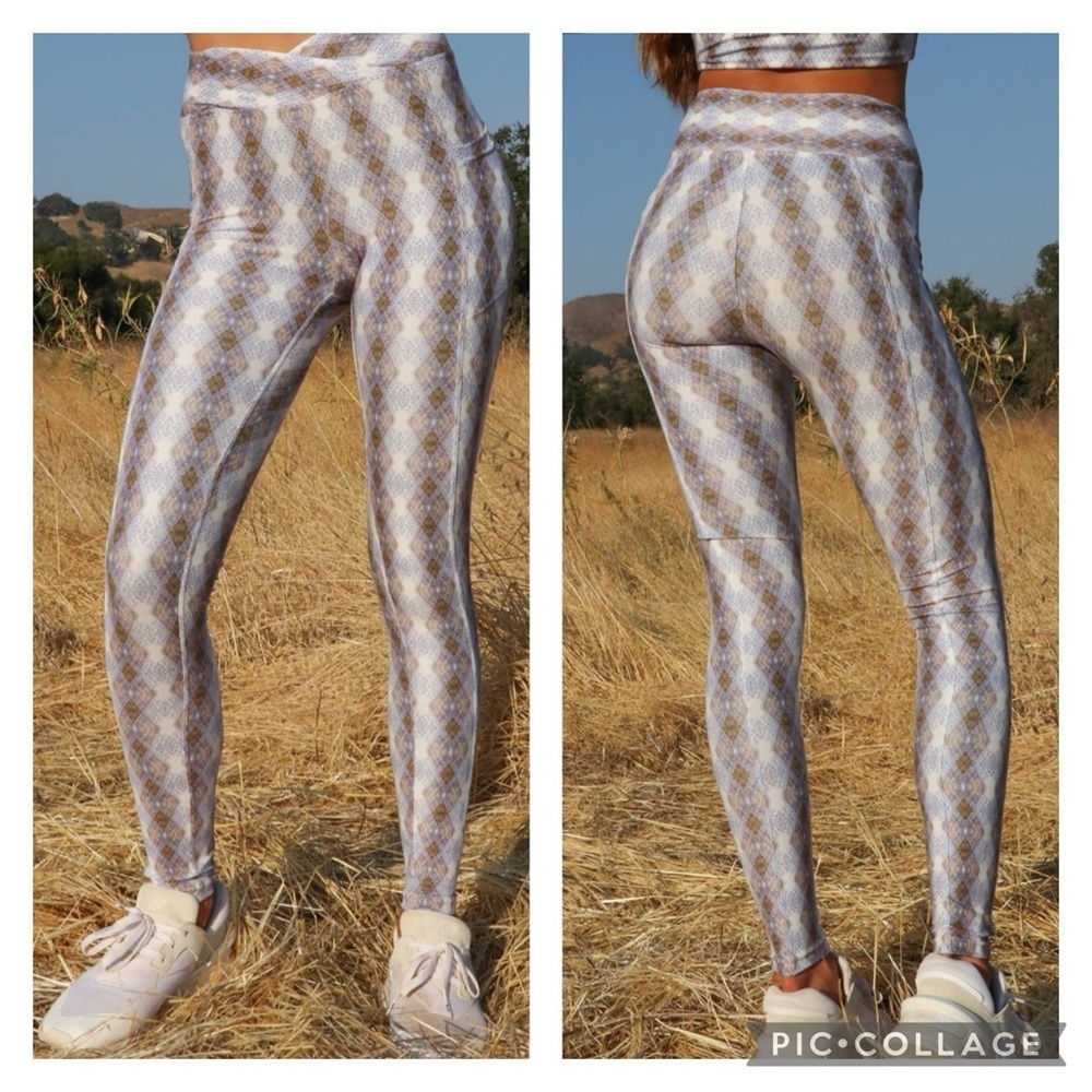 Wolven Argyle White Cossover Pocket Legging Size Small